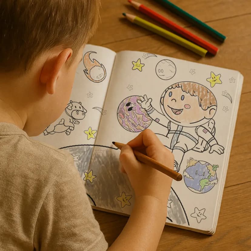 Child coloring in the storybook